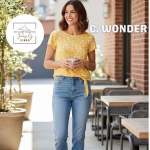 C. Wonder Geometric Print Yellow Tie Front 100% Cotton Pullover Top Small